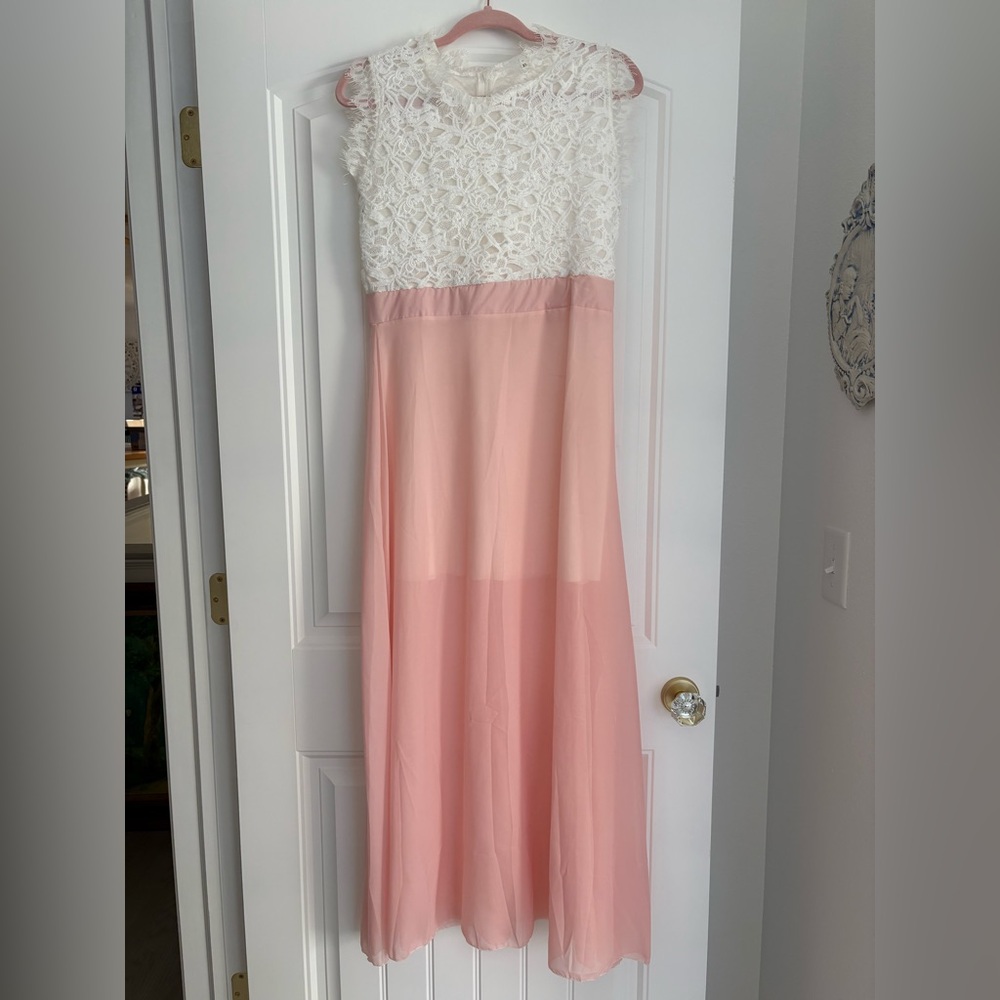 White and peach pink lace top formal maxi dress